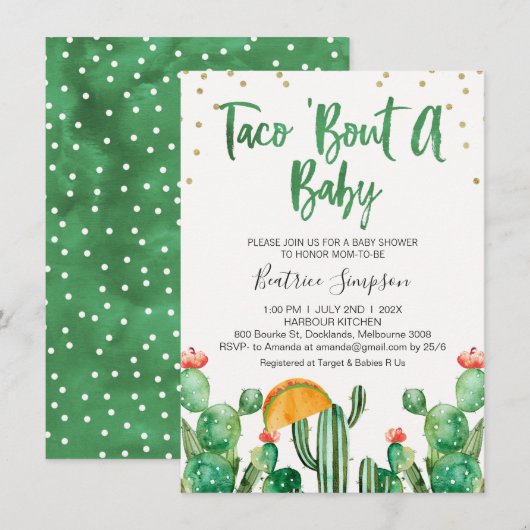Taco Bout A Baby Cactus Baby shower Invitation Kaart (Voorkant / Achterkant)