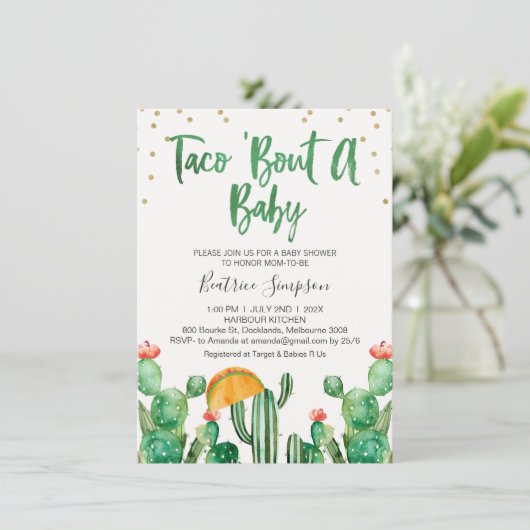 Taco Bout A Baby Cactus Baby shower Invitation Kaart (Staand voorkant)