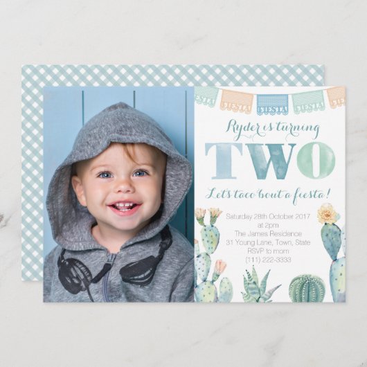 Taco Bout A Fiesta, Boy 2nd Birthday Party Afbeeld Kaart (Voorkant / Achterkant)