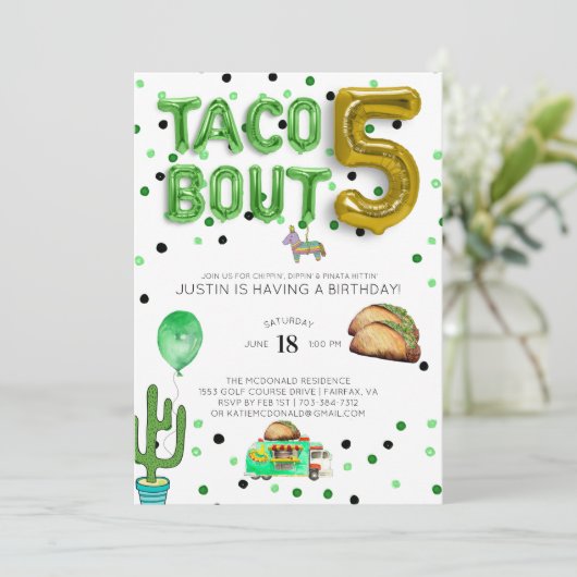 Taco Bout Five | Uitnodiging vijfde verjaardag (Staand voorkant)