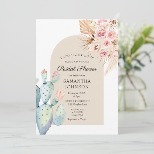 TACO 'BOUT LOVE Boho cactus rustiek Uitnodigen Kaart (Staand voorkant)