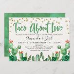 Taco Bout Love Cactus Bridal Shower Uitnodiging<br><div class="desc">Taco Bout Love Cactus Bridal Shower Uitnodiging Op zoek naar een cactus of fiesta taco over liefdebrudal doucheuitnodiging? Dit ontwerp is voorzien van een aantal bloeiende cactussen- en faxgoudglitterstippen. Ik heb ook een borstelkalligrafie toegevoegd in een groene waterverf was. Dit elegante en moderne ontwerp is geschikt voor iemand die van...</div>