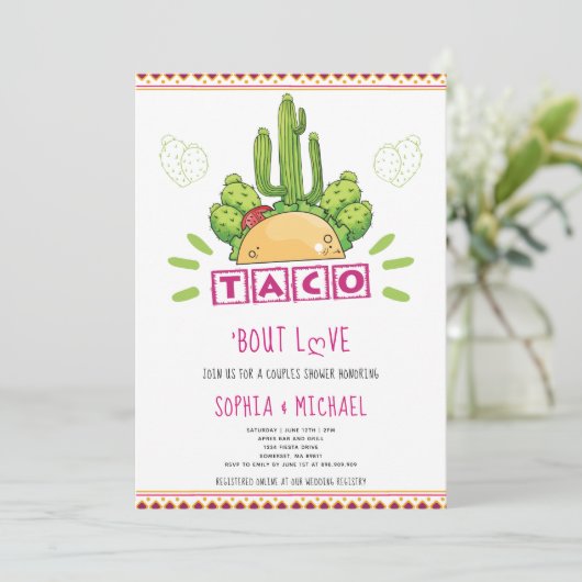 Taco 'Bout Love Couples Verloving Fiesta Pink Kaart (Staand voorkant)