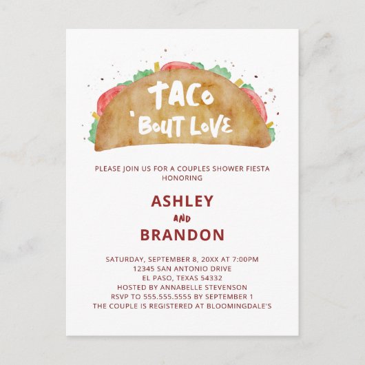 Taco 'Bout Love Koppels Bruiloft Fiesta Uitnodigin Briefkaart (Voorkant)