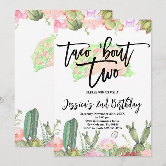 Taco ’Bout Twee Fiesta, Taco Tweede Verjaardag Kaart (Voorkant / Achterkant)