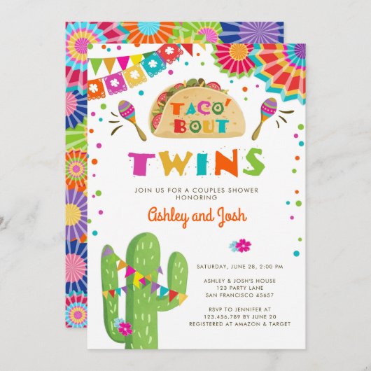 Taco Bout Twins Fiesta Baby shower Uitnodiging (Voorkant / Achterkant)