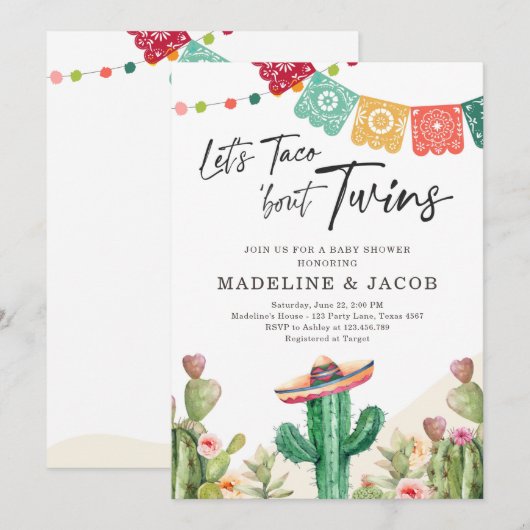 Taco Bout Twins Fiesta Cactus Waterverf Baby Kaart (Voorkant / Achterkant)