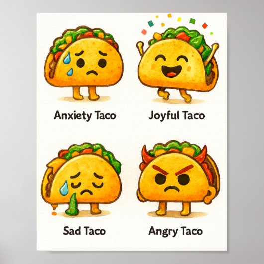 Taco Feelings Funny Four Moods of Tacos Art Print (Voorkant)