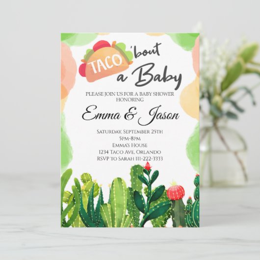 Taco Over Baby Bloem Cactus Baby shower Uitnodigen Kaart (Staand voorkant)