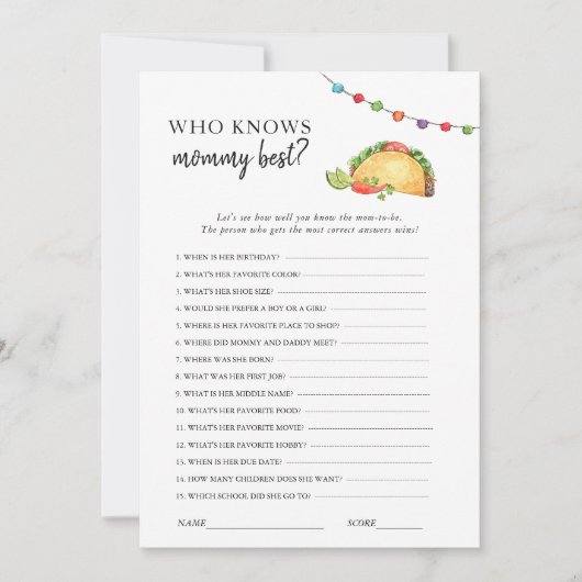 Taco over baby shower spel kaart (Voorkant)