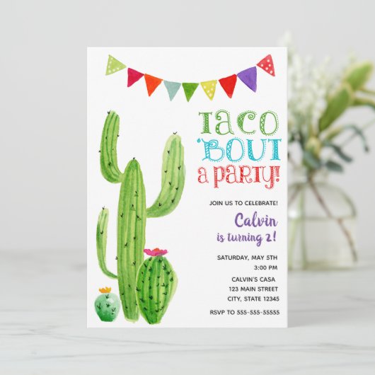 Taco 'over een feestje! Verjaardag uitnodiging (Staand voorkant)
