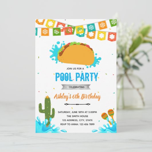 Taco Over een Pool fiesta uitnodiging (Staand voorkant)