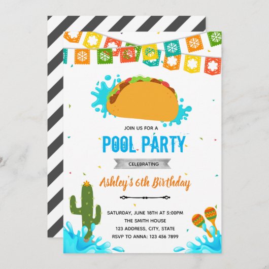Taco Over een Pool fiesta uitnodiging (Voorkant / Achterkant)