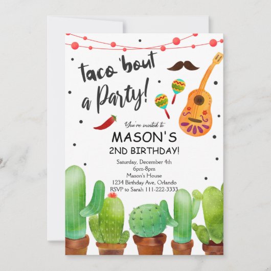 Taco Over Feest Fiesta Waterverf Cactus Uitnodigen Kaart (Voorkant)