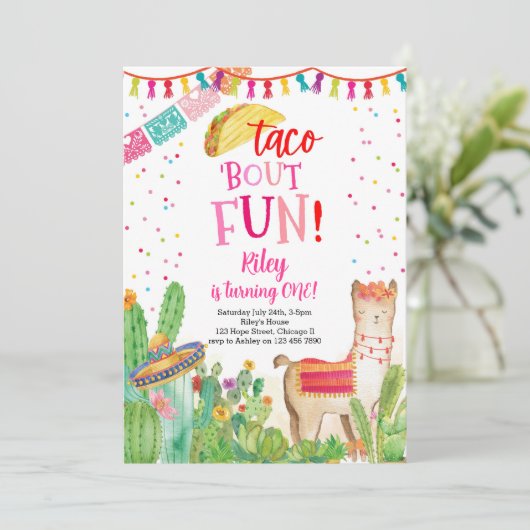 Taco Over Fun Fiesta Meisje 1e Verjaardag Uitnodig Kaart (Staand voorkant)