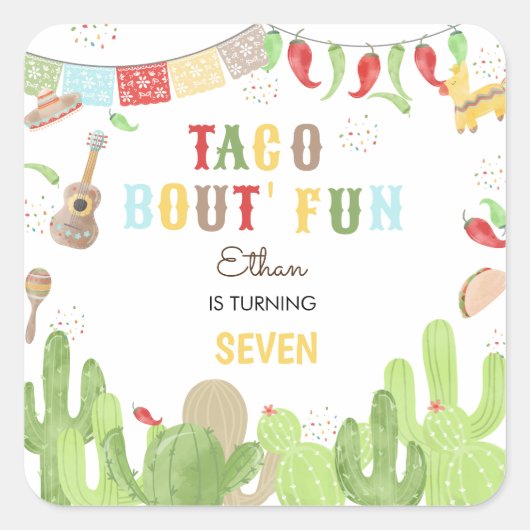 Taco over 'fun fiesta mexican birthday vierkante sticker (Voorkant)