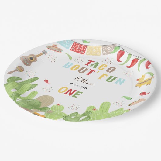 Taco over 'fun fiesta mexican eerste verjaardag papieren bordje (Gekanteld)