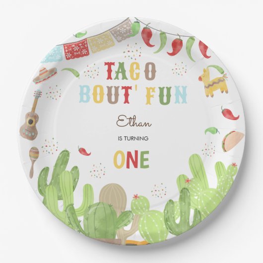 Taco over 'fun fiesta mexican eerste verjaardag papieren bordje (Voorkant)