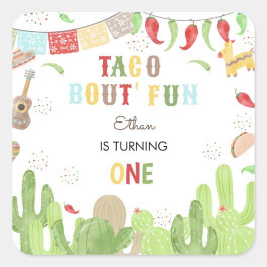 Taco over 'fun fiesta mexican eerste verjaardag vierkante sticker (Voorkant)
