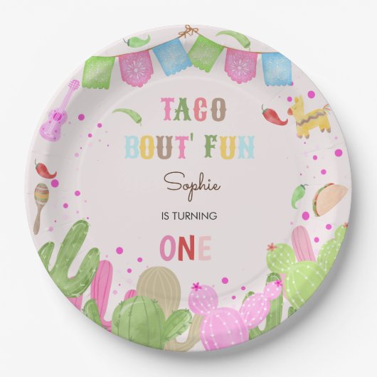 Taco over leuke fiësta mexicaanse eerste verjaarda papieren bordje (Voorkant)