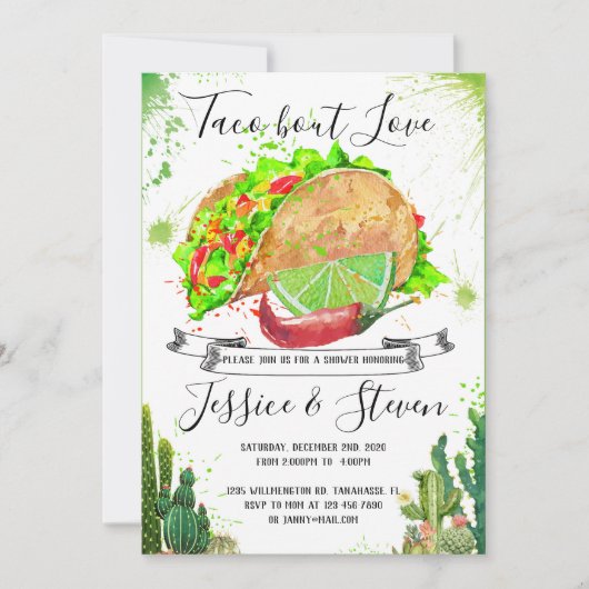 Taco over liefde koppels douche uitnodiging cactus (Voorkant)