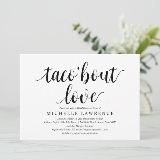 taco over liefde, Moderne Bridal Shower Uitnodigin Kaart (Staand voorkant)