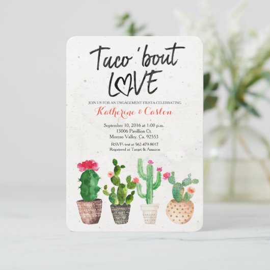 Taco Over Love Cactus verlovingsfeest Uitnodiging (Staand voorkant)
