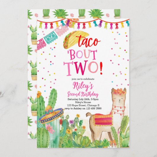 Taco Over Twee Fiesta Meisje 2e Verjaardag Uitnodi Kaart (Voorkant / Achterkant)