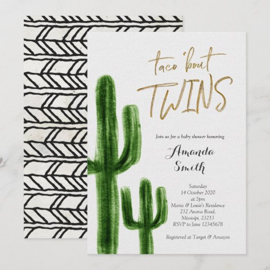 Taco over twins Cactus baby shower Invite card Kaart (Voorkant / Achterkant)