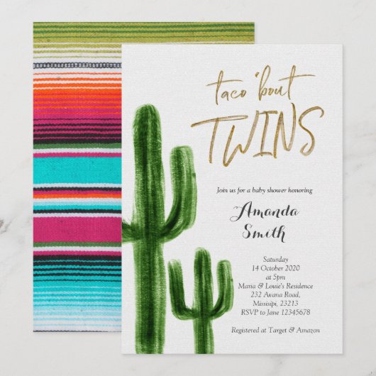 Taco over twins Cactus baby shower Invite card Kaart (Voorkant / Achterkant)