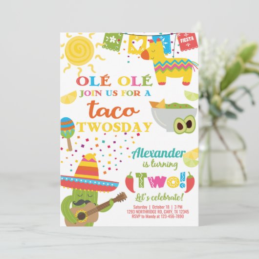 Taco Tweedaagse verjaardagsuitnodiging, jongen fie Kaart (Staand voorkant)