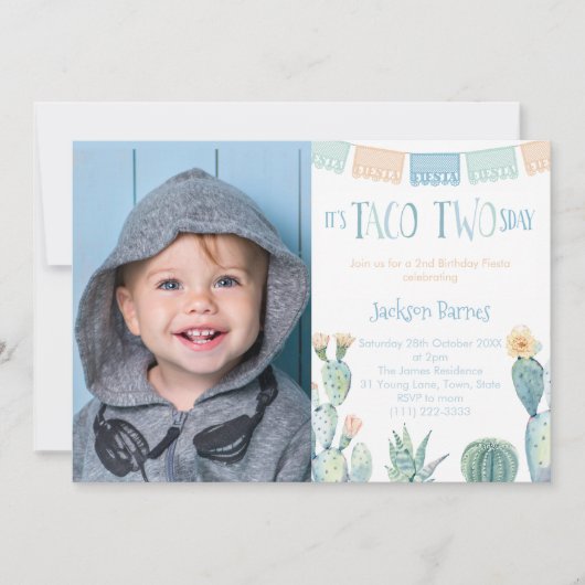 Taco TWEEsday Boy 2nd Birthday Party Afbeelding Kaart (Voorkant)
