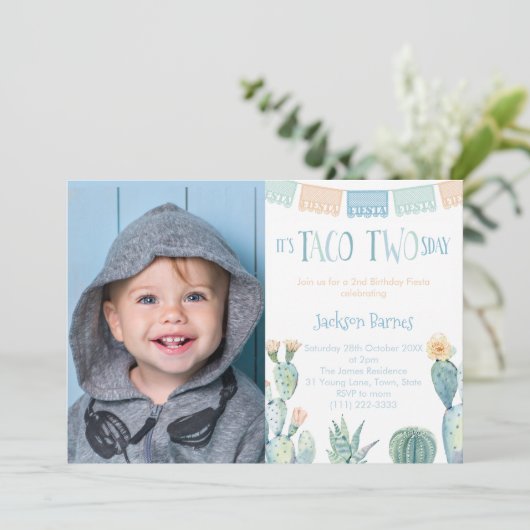 Taco TWEEsday Boy 2nd Birthday Party Afbeelding Kaart (Staand voorkant)