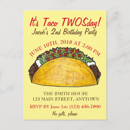 Taco TWOSdag Dinsdag 2e verjaardag Fiesta Uitnodiging Briefkaart (Voorkant)