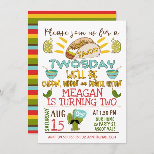 Taco Twosday 2e verjaardag Uitnodiging (Voorkant / Achterkant)
