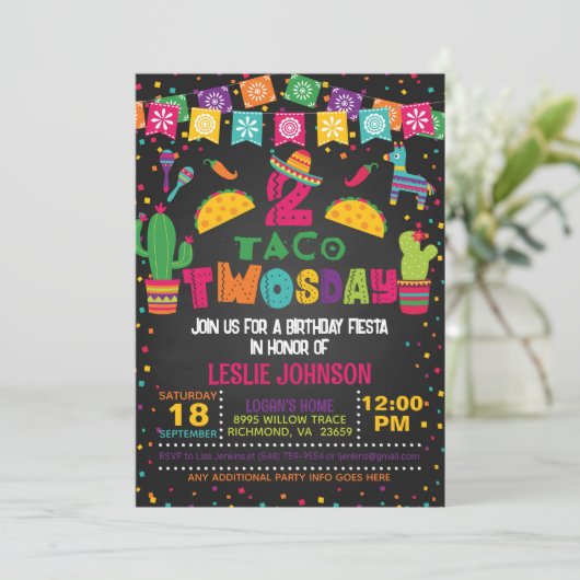 Taco TWOsday 2e Verjaardag Uitnodiging - BLK (Staand voorkant)