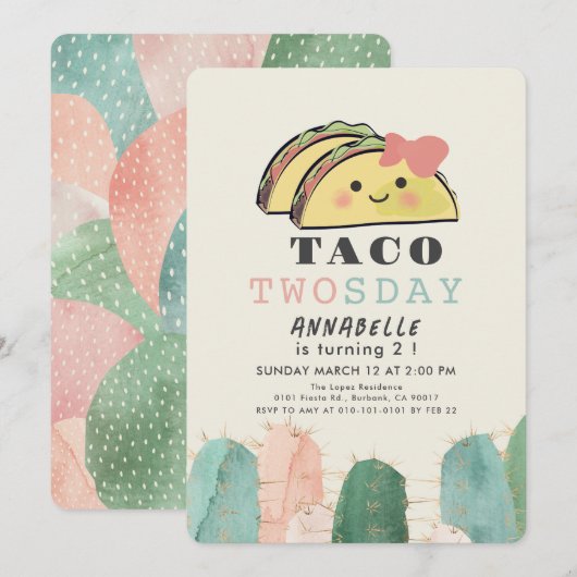 Taco Twosday Dinsdag Kawaii Meisje 2e verjaardag Kaart (Voorkant / Achterkant)