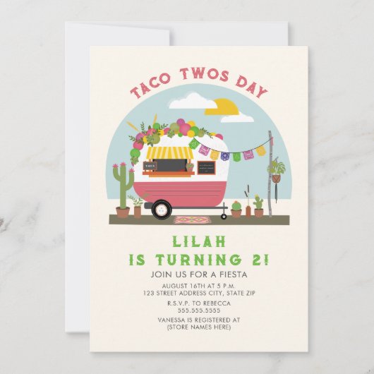 Taco Twosday Girls 2e verjaardag Uitnodiging Roze (Voorkant)