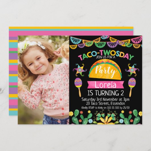 Taco Twosday Mexican 2e verjaardag Uitnodiging (Voorkant / Achterkant)