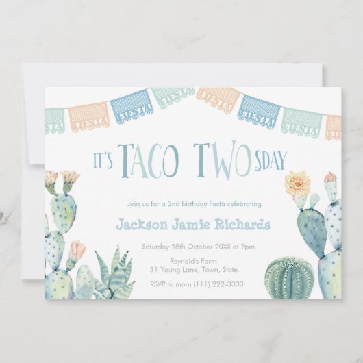 Taco Twosday Party - Boy 2nd Birthday Fiesta Kaart (Voorkant)