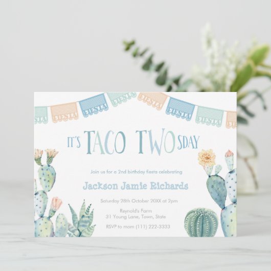 Taco Twosday Party - Boy 2nd Birthday Fiesta Kaart (Staand voorkant)