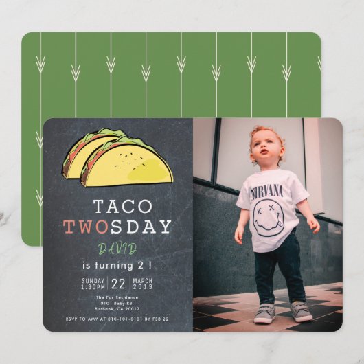 Taco Twosday Tuesday Chalkboard Photo 2nd Birthday Kaart (Voorkant / Achterkant)
