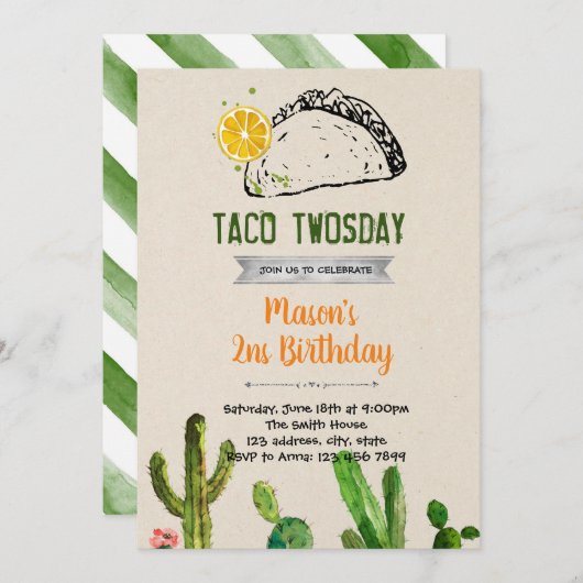 Taco uitnodiging voor twee dagen verjaardag (Voorkant / Achterkant)