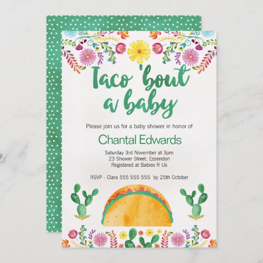 Taco'Bout A Baby Fiesta Baby shower Invitation Kaart (Voorkant / Achterkant)