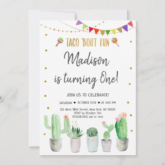 Taco'Bout Fun Gold Fiesta First Birthday Kaart (Voorkant)