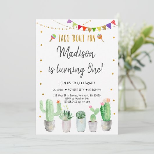 Taco'Bout Fun Gold Fiesta First Birthday Kaart (Staand voorkant)