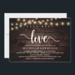 Taco'bout Love, Rustic Vrijgezellenfeest Celebrati Kaart<br><div class="desc">Moderne Calligrafie Bridal douchekaart (Taco'bout Love),  in superieure dark wood string lights design themed. Nodig de gasten met deze perfecte Uitnodigingskaart uit. Voeg de gegevens van uw vrijgezellenfeest toe in de bijbehorende formulering.</div>