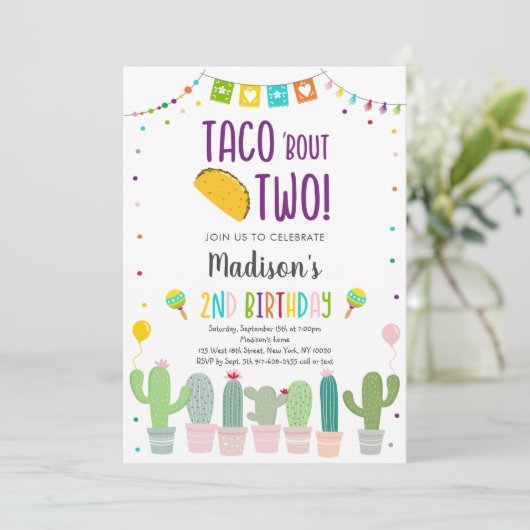 Taco'Bout Two Cactus Fiesta Birthday Kaart (Staand voorkant)