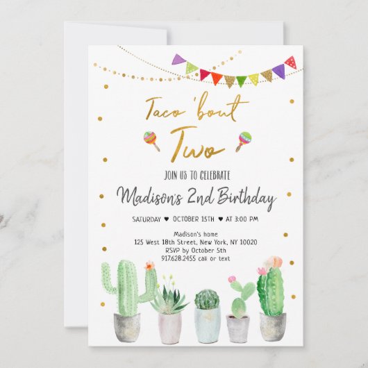 Taco'Bout Two Gold Fiesta Birthday Kaart (Voorkant)