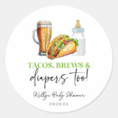 Tacos Brews en Luiers Ook! Baby Shower Ronde Sticker (Voorkant)